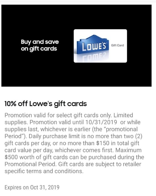 Expired YMMV Samsung Pay 10 Off Lowe s Gift Cards Doctor Of Credit